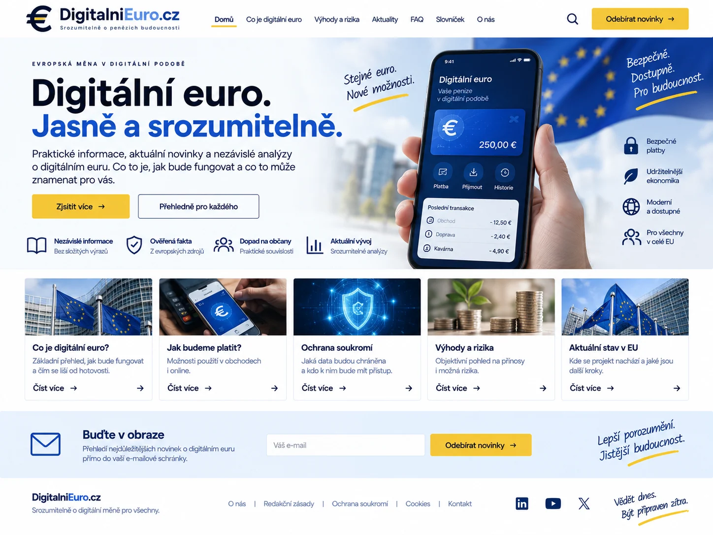 Ilustrační návrh možného webu DigitalniEuro.cz zaměřeného na srozumitelné informace a analýzy o digitálním euru